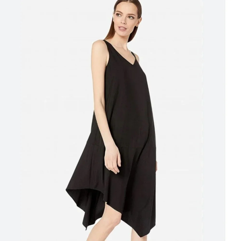 Eileen Fisher Sandwashed Tencel Asymmetrical Layering Dress in Black